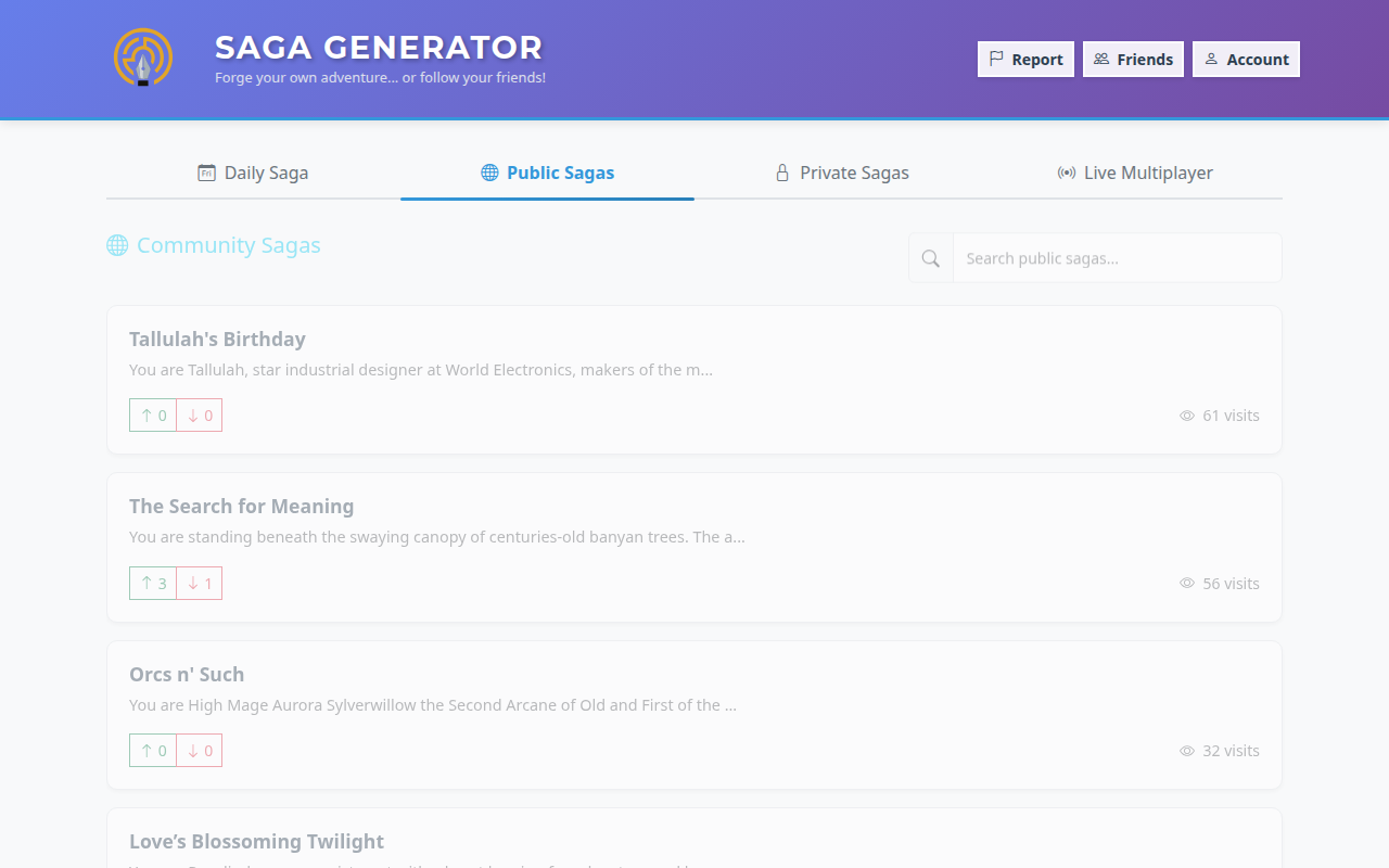 Saga Generator landing page: forge your own adventure or follow your friends