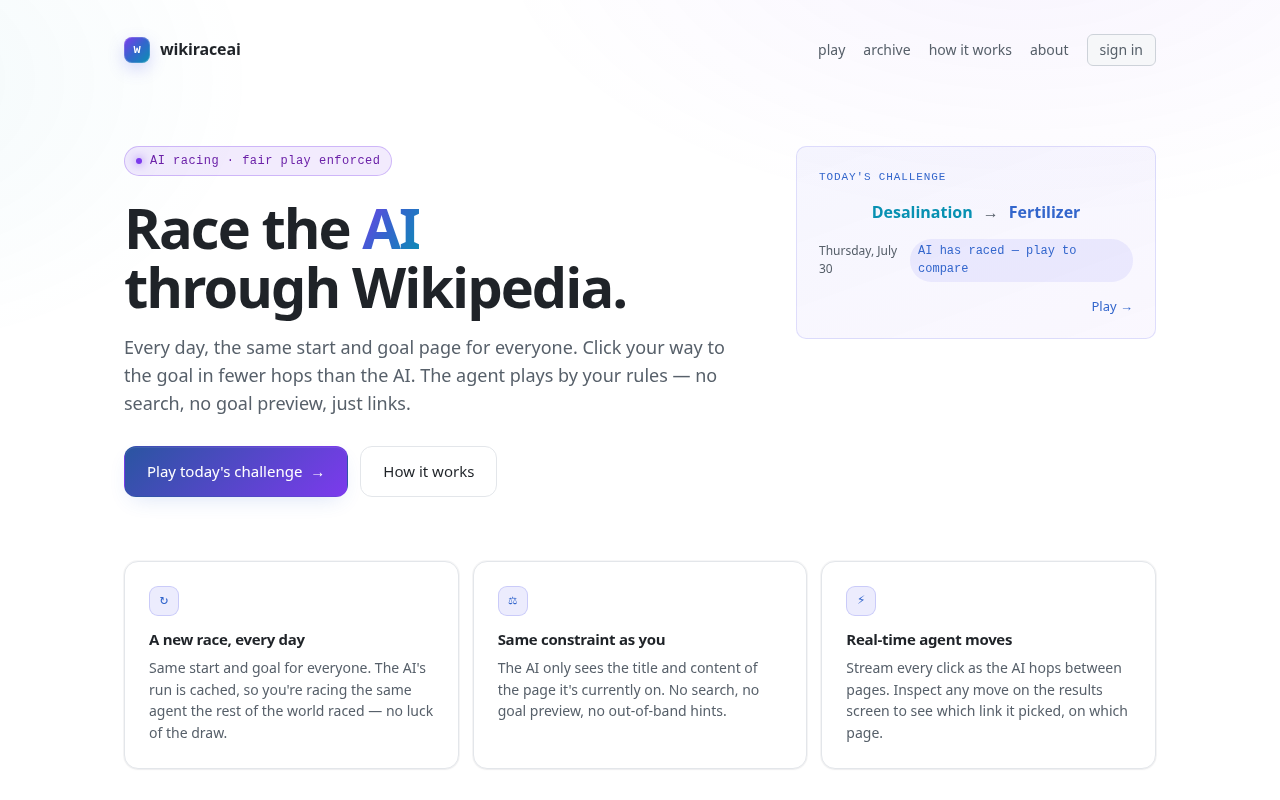 wikiraceai landing page: Race the AI through Wikipedia, with today's challenge from Desalination to Fertilizer
